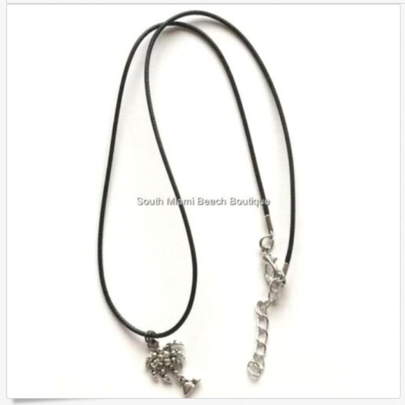 Palm Tree Necklace Silver Plated Black Cord Coconut Island Beach Surfer Hawaiian - Picture 3 of 8